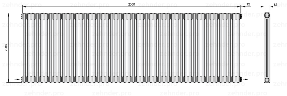 Схема (чертеж) Радиатор Zehnder Charleston 2250/50 №2670 Белый глянцевый RAL 9016